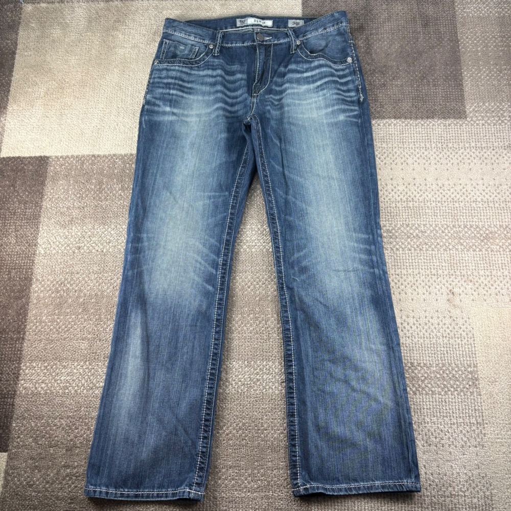 BKE Derek Mens 34X31 Blue Denim Jeans Bootleg Whiskered Wash